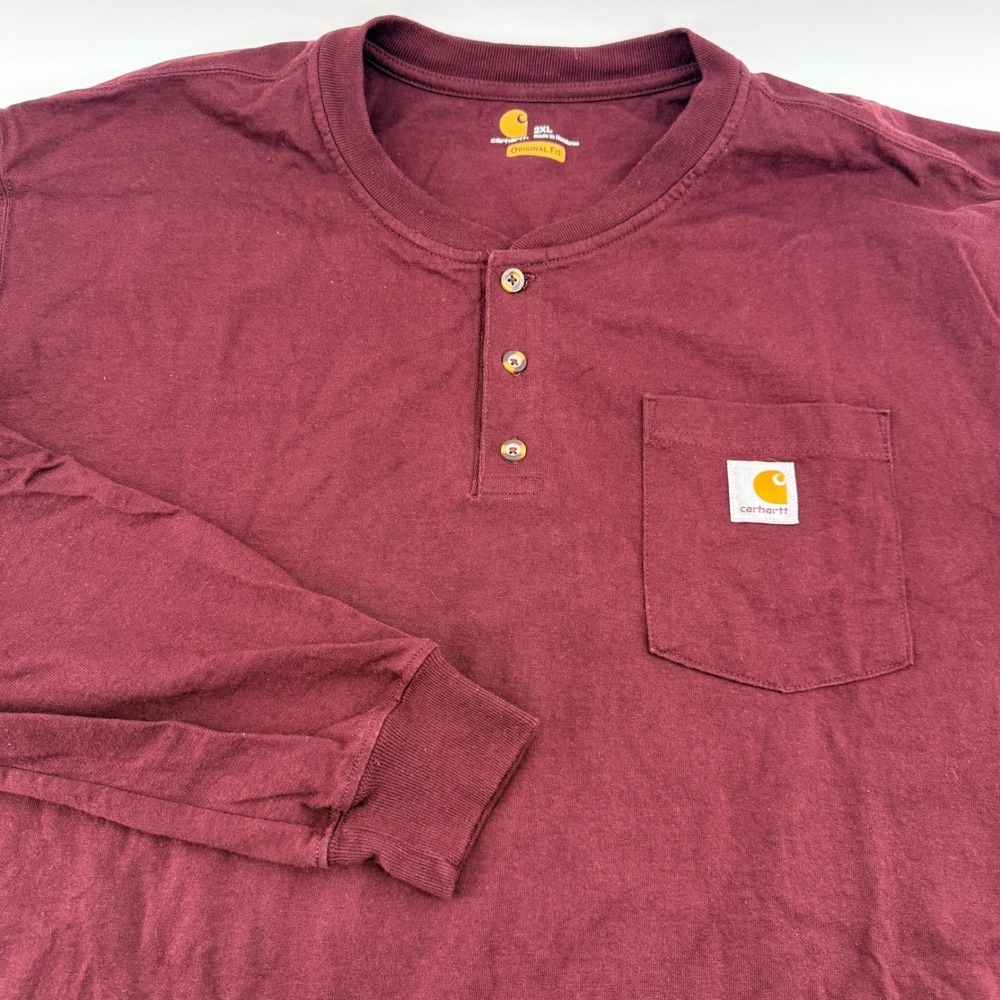 Carhartt Long Sleeve Henley Pocket T-Shirt Men 2XL Burgundy Original Fit Maroon